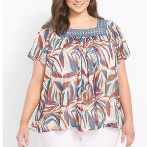 Lane Bryant Square-Neck Boho Top Womens Size 14/16 Teal Brown & Burgundy Leaf